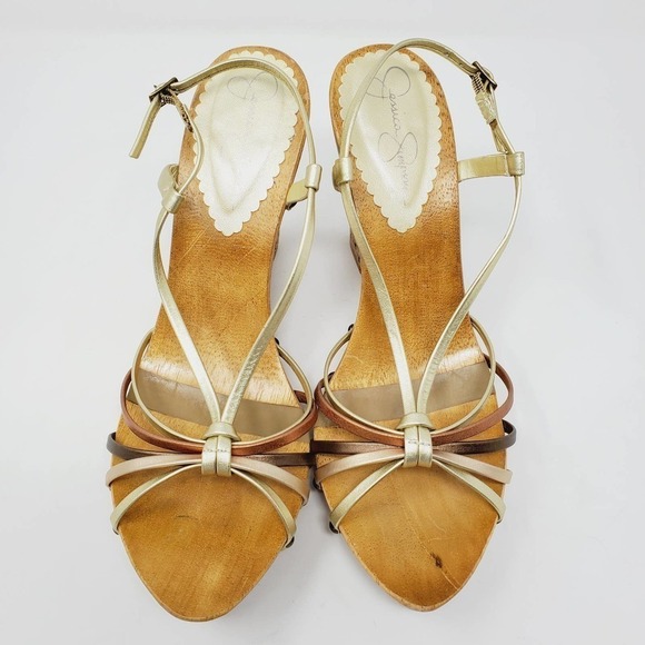 Jessica Simpson Cork  Foil Leather Straps Wooden Retro Wedges Sz 9B - Picture 2 of 10